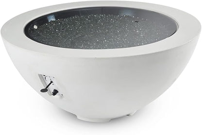 Outdoor GreatRoom Co Propane Fire Pit Table - Cove Gas Fire Pits for Outside Patio - 42 Inch Round Bowl Concrete Firepit Fire Table, Glass Tabletop Cover, Clear Glass Gems, 105,000 BTU - White