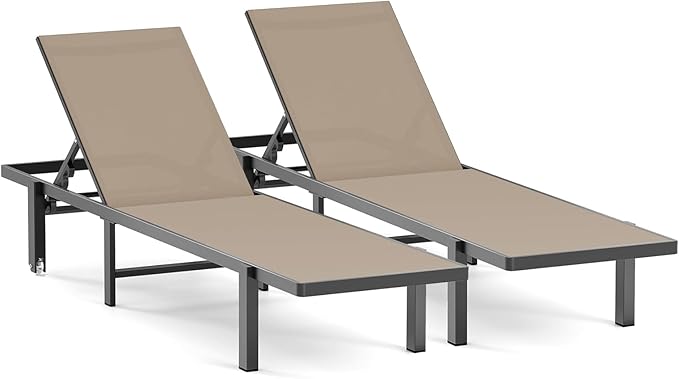 Patio Chaise Lounge Chair Set of 2, Outdoor Lounge Chairs with Wheels, 5-Position Adjustable Sun Loungers for Pool, Deck, Beach, Khaki
