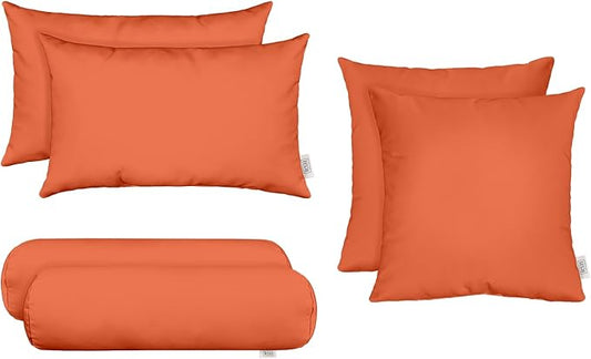 RSH DECOR: 6-Pack Pillow Set | All-Weather Spun Fabric | Water & Fade-Resistant | 17" Square, 20" x 12" Lumbar, 20" x 6" Neck Roll | Outdoor Pillows for Patio Furniture | Canvas Melon