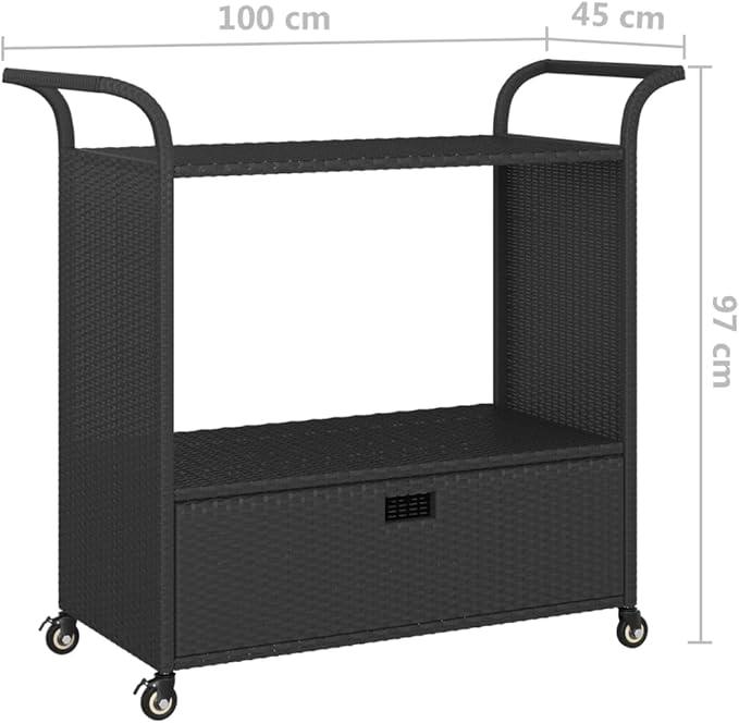 Outdoor Rolling Wicker Bar Cart with Drawer, Portable Bar Cart with Wheels, Patio Kitchen Island Cart for Pool Deck Backyard, Black 39.4"x17.7"x38.2" Poly Rattan -460