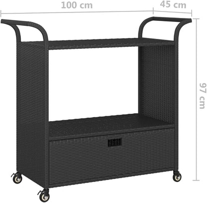 Outdoor Rolling Wicker Bar Cart with Drawer, Portable Bar Cart with Wheels, Patio Kitchen Island Cart for Pool Deck Backyard, Black 39.4"x17.7"x38.2" Poly Rattan -460