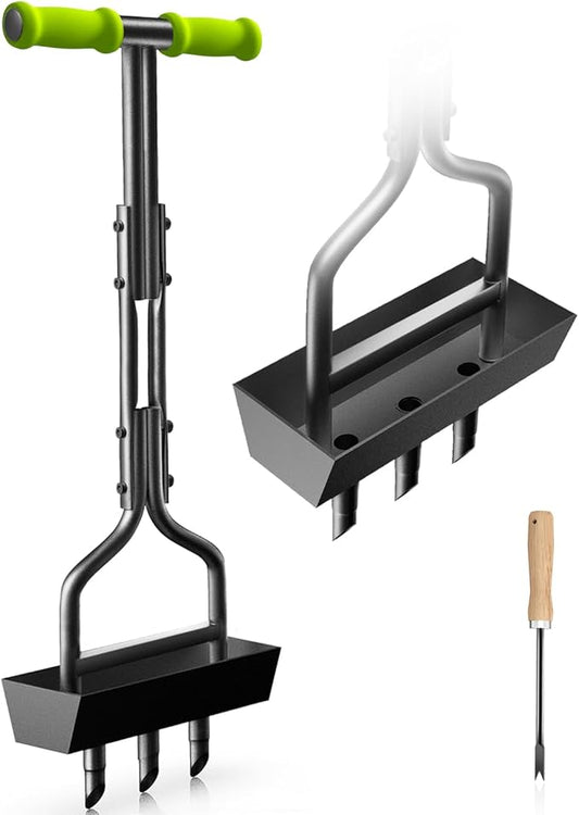 Lawn Aerator Coring Tool with Soil Core Tray, Manual Garden Plug Aerator for Grass Aeration, Yard Aerator & A Cleaning Tool for Compacted Soil, Lawn Care, 38”,Chartreuse Handle, Patented