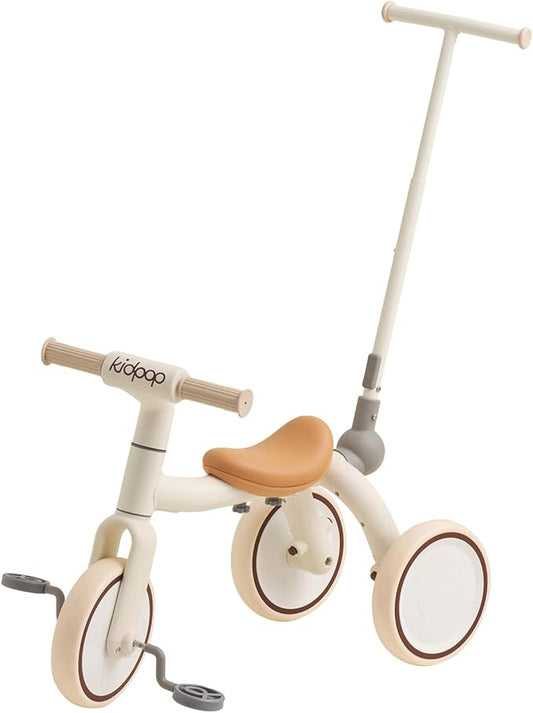 4-in-1 Toddler Tricycle with Adjustable Push Handle for 1-4 Year Old,Birthday Gift and Toy for Boys and Girls Removable Pedals Balance Bike&Scooter (White)