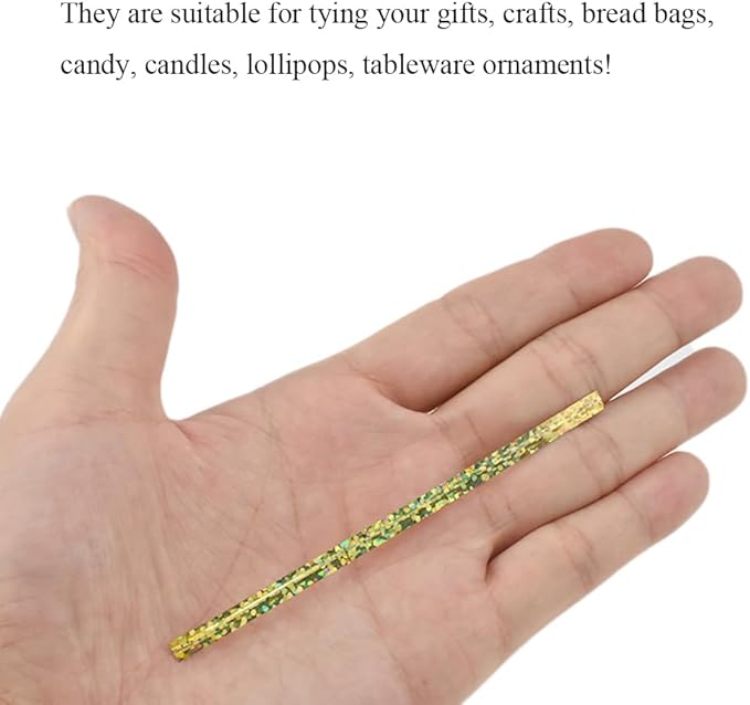 HAHIYO 300Pcs 4inches Holographic Gold Metal Twist Ties Bread Candy Coffee Bag Ties Plant Garden Twist Ties for Cellophane Treat Bags Gift Wraping Bags Plastic Bags Party Cake Present Art Crafts