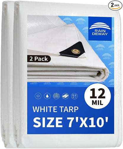 RAINDEWAY 12 Mil Heavy Duty White Tarp 7x10 Feet (2 Pack), UV Resistant, Waterproof, Weatherproof Poly Tarp with Metal Grommets and Reinforced Edges