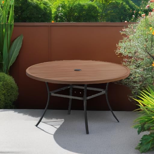 VICLLAX Outdoor Patio Round Dining Table, 53"x 53" Metal Slatted Round Tabletop with Adjustable Umbrella Hole for Deck Lawn Garden Backyard, Walnut