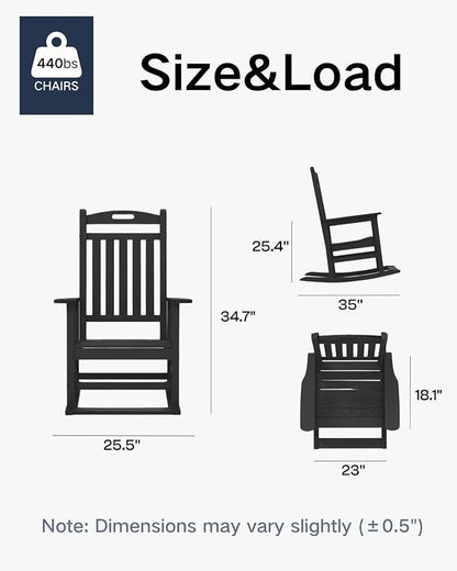 Kingdura Outdoor Rocking Chairs Set of 2, HDPE Plastic Patio Rocking Chair All-Weather Oversized Porch Rocker with High Back for Patio Outside Backyard Balcony (Black)