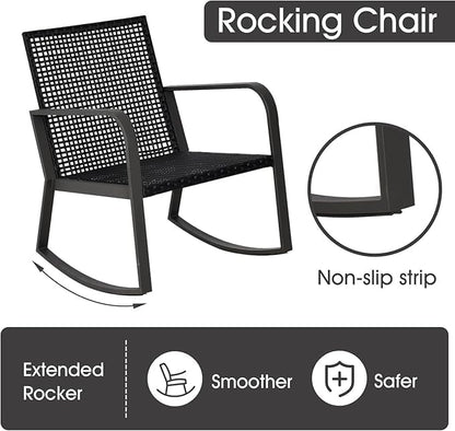 Bistro 3 Piece Patio Furniture Set, Patio Table and Rattan Outdoor Rocking Chairs Set of 2, Outdoor Bistro Conversation Set for Garden, Balcony, Poolside, Backyard, Grey