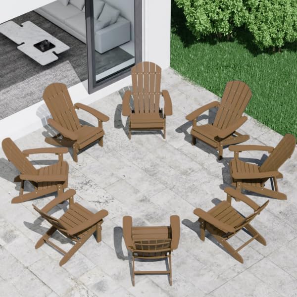 YEFU Adirondack Chairs Set of 8: Outdoor Chair HIPS Plastic Adirondack Chairs - Patio Chairs with Wood Texture - Lawn Fire Pit Deck Porch Garden Chairs for Adults (Teak)