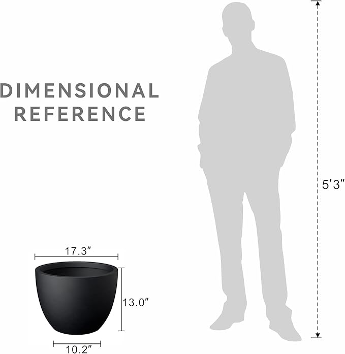 Kante 17.3 Inch Round Concrete Planter - Classic Large Indoor/Outdoor Plant Pot with Drainage Hole and Rubber Plug, Suitable for Gardens and Patios, Black