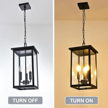 Black Outdoor Pendant Lanern, E12 Candle Chandelier 3-Lights Large Exterior Hanging Light Fixture with Clear Glass Height Adjustable for Indoor Entryway Porch