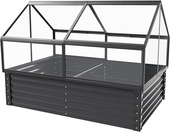68.7" Raised Garden Bed with Greenhouse Cover, Galvanized Steel Planter Box with Open Bottom Drainage, Dual Use Outdoor Metal Planter for Vegetables Flowers and Herbs