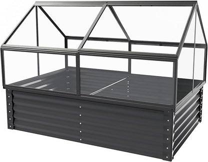 68.7" Raised Garden Bed with Greenhouse Cover, Galvanized Steel Planter Box with Open Bottom Drainage, Dual Use Outdoor Metal Planter for Vegetables Flowers and Herbs