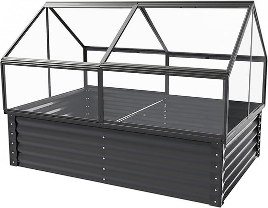 68.7" Raised Garden Bed with Greenhouse Cover, Galvanized Steel Planter Box with Open Bottom Drainage, Dual Use Outdoor Metal Planter for Vegetables Flowers and Herbs