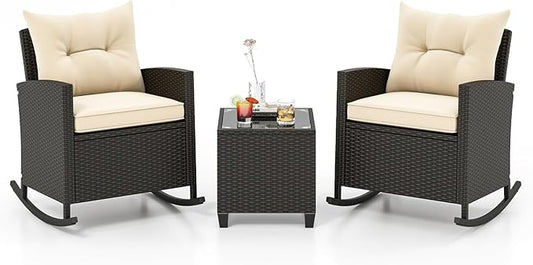 ORALNER 3 Pieces Patio Furniture Set, Outdoor Wicker Rocking Chairs with Soft Cushions, Glass Coffee Table, Rattan Conversation Bistro Set for Front Porch Balcony Garden Deck Poolside (Beige)