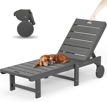 Outdoor Chaise Lounge Chairs, 26.8” Super Wide Lounge Chair Outdoor, HDPS Pool Chairs with 5 Positions, Patio Lounge Chair with Wheels for Pool,Lawn,Backyard, Dark Gray