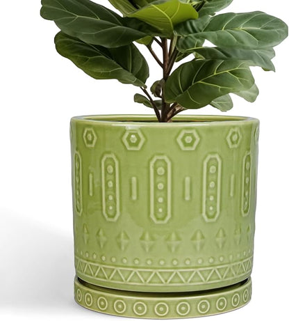 Ceramic Planter - 12 Inch Pots for Plants Indoor Outdoor, Round Large Flower Pots with Drainage Hole and Saucer, Decorative Boho Planter, Home Office Decor, Plant Lover Gifts, Green
