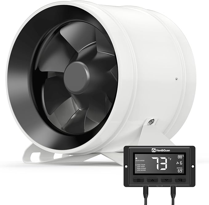 Hon&Guan PRO 8 Inch Inline Duct Fan - 830 CFM with Quiet EC Motor & Temperature Humidity Smart Controller, Ventilation Exhaust Fan for Heating Cooling, Grow Tents, Hydroponics (White&Black)