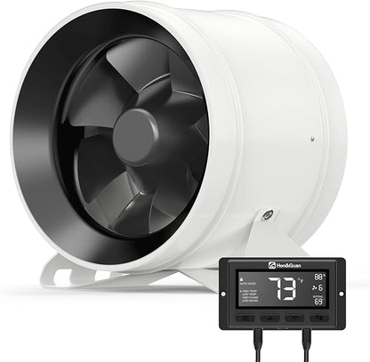 Hon&Guan PRO 8 Inch Inline Duct Fan - 830 CFM with Quiet EC Motor & Temperature Humidity Smart Controller, Ventilation Exhaust Fan for Heating Cooling, Grow Tents, Hydroponics (White&Black)