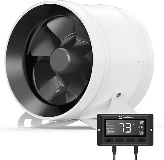 Hon&Guan PRO 8 Inch Inline Duct Fan - 830 CFM with Quiet EC Motor & Temperature Humidity Smart Controller, Ventilation Exhaust Fan for Heating Cooling, Grow Tents, Hydroponics (White&Black)