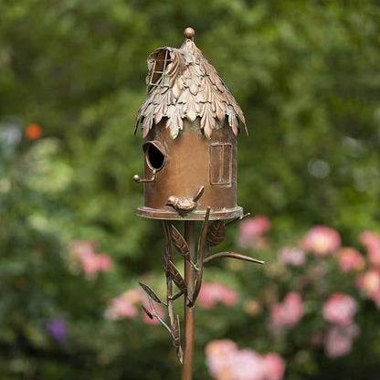 Copper Color Bird House Garden Stake with Ornate Style Roof (Cylinder House)