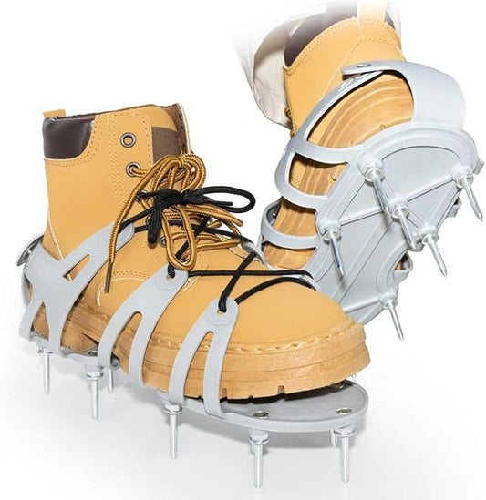 Lawn Aerator Shoes with Spiked Design &Adjustable Wrap Around Lacing,Gardening Tools,Grass Aeration Spikes Tools, Light Grey
