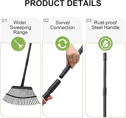 Rake for Leaves, 25 Metal Tines Wide Leaf Rake, 60'' Leaf Rakes for Lawns with Adjustable Steel Handle for Camping Flower Beds Mulch Shrub, Black