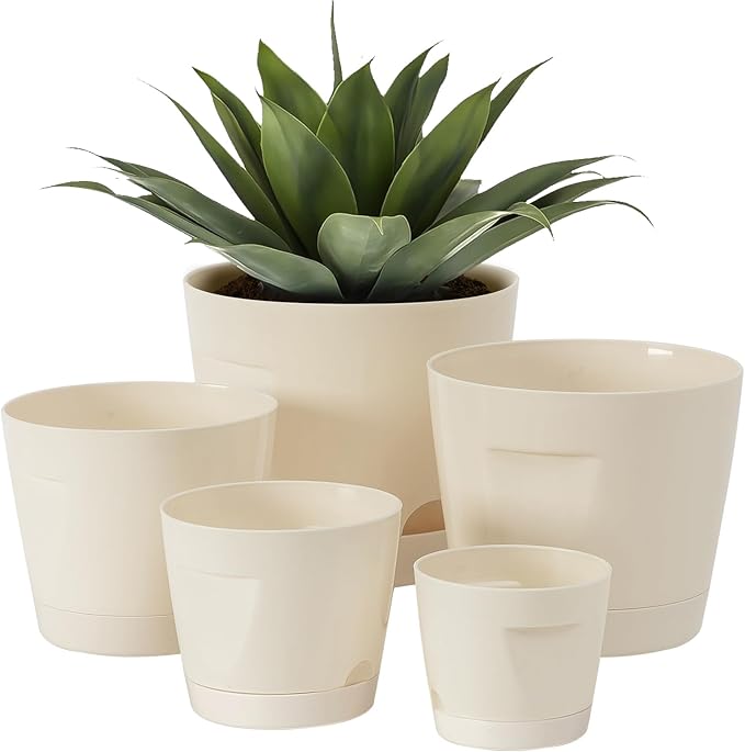5 Pack Plastic Planters with Drainage, Self Watering Pots for Indoor Plants, Small Cute Plastic Pots in 5 Sizes, Ideal for Indoor Plants (Cream White)