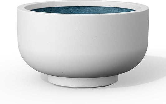 Kante 13.8 Inch Dia Concrete Bowl Planter, Large Tapered Bottom Plant Pot with Drainage, Smooth White Finish with Aqua Blue Interior, Ideal for Porch, Home, Garden, Patio