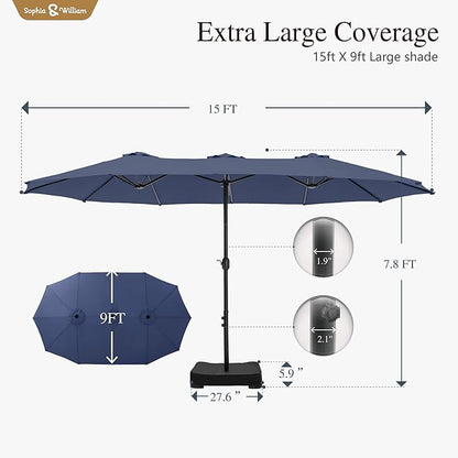 Sophia & William 15 ft Extra Large Patio Umbrella with Base Included, Rectangular Outdoor Umbrella Heavy Duty, Market Umbrella Double-sided Fade Resistant for Pool Garden Backyard, Navy Blue