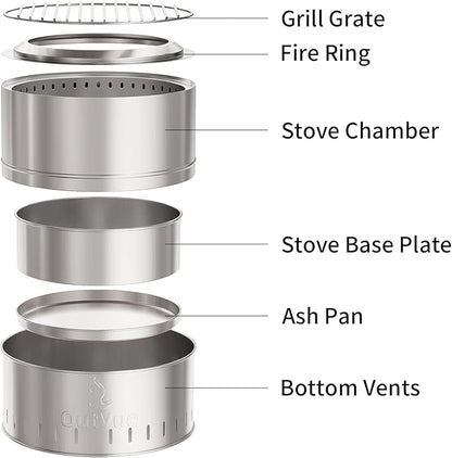 19 inch Stainless Steel Smokeless Fire Pit with Grill, Outdoor Smokeless Firepit, Wood Burning Fire Pits for Camping, Bonfire, Low Smoke Firepit for Outside (Vertical Hole)