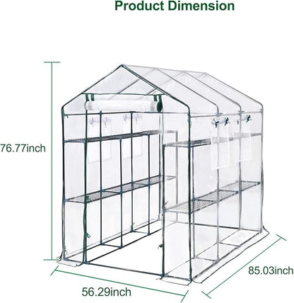 Greenhouse, 57 x 85 x 77'' Greenhouses for Outdoors, with Mesh Side Windows, PE Cover, 8 Shelves, Heavy Duty Walk in Green House for Backyard Garden Indoor, White& Green Outside