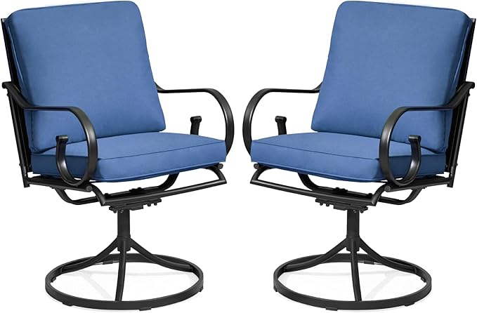 MELLCOM Patio Swivel Chair Set of 6, Heavy Duty Outdoor Dining Chairs with Thickened Cushions, Metal Patio Chairs Gentle Rocker for Outside, Blue