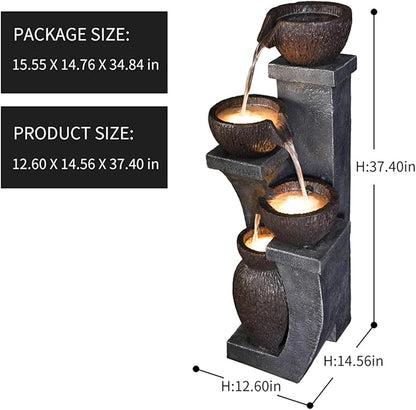 Supmix 37.4”H Water Fountain Outdoor 4- Crocks Modern Garden Fountains LED Lighted Floor Fountain Natural Polyresin Decor for Garden, Patio, Backyard Ard and Home Art DéCor