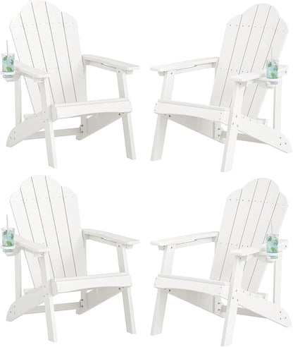 LUE BONA HDPE Adirondack Chairs Set of 4,Plastic Adirondack Chairs with Cup Holder Weather Resistant for Outdoor, Patio, Lawn, Garden, Backyard Deck, Fire Pit, White