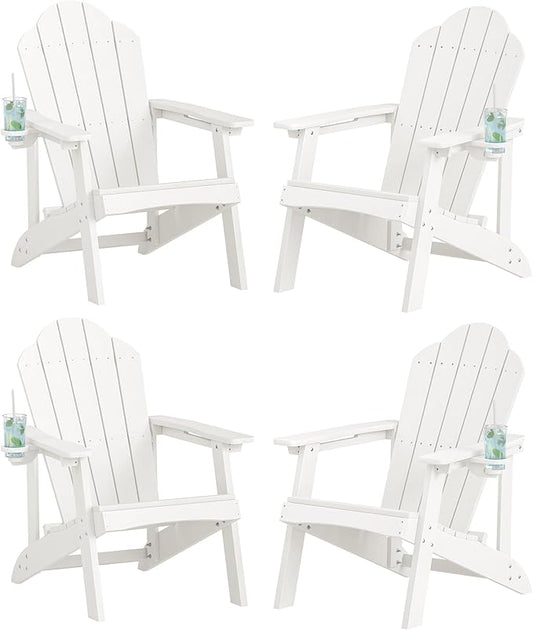 LUE BONA HDPE Adirondack Chairs Set of 4,Plastic Adirondack Chairs with Cup Holder Weather Resistant for Outdoor, Patio, Lawn, Garden, Backyard Deck, Fire Pit, White