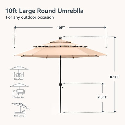 PHI VILLA Outdoor Patio Dining Set for 4 with 10ft 3-Layer Auto-tilt Round Umbrella(Beige),Includes 4 Outdoor Swivel Chairs with Cushions and a Metal Round Table, Perfect for Garden, Lawn, or Deck