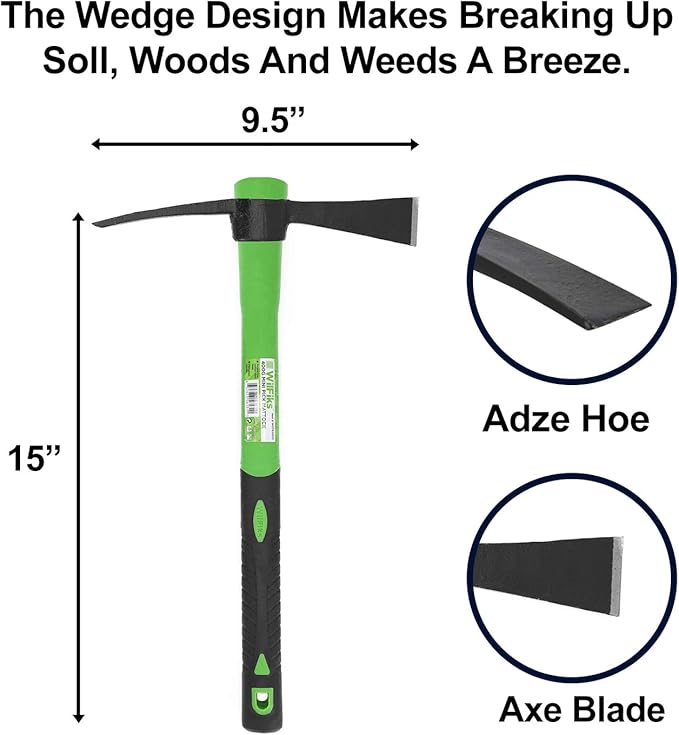 WilFiks Cutter Mattock, 15" Heavy Duty Pick Axe with Forged Heat Treated Steel Blades, Adze Hoe for Weeding, Prying and Chopping, Digging Tool with Anti-Slip Grip, Ergonomic Shock Reduction Handle