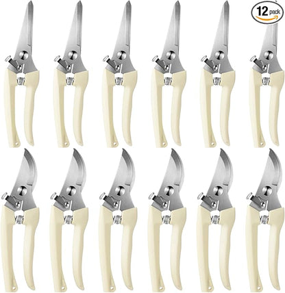 Therwen 12 Pcs Garden Shears Flower Scissors Pruning Shears Floral Garden Clippers Hand Pruners Branch Cutter Gardening Tools for Plants Cutting, Trimming, Fruits Picking (Beige,Bypass, Straight)