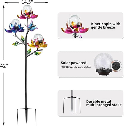 Solar Lights Outdoor Decorative Lotus Flowers Wind Spinner Garden Stake with LED Crackle Balls Solar Wind Sculpture Yard Art Decor for Patio, Lawn & Garden