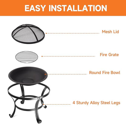 22-Inch Portable Round Metal Fire Pit Set, Durable Wood Burning Fireplace/Firepit with Steel Bowl, Mesh Lid, Poker, and Cover
