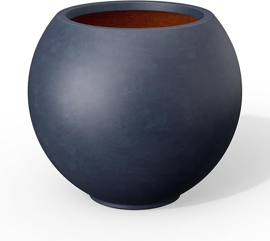 Kante Round Concrete Flower Pot, 11 Inch Dia (7.9" Opening) Sphere Shape Design Planter with Drainage Hole and Rubber Plug for Indoor & Outdoor Plants, Charcoal Finish with Warm Brown Interior