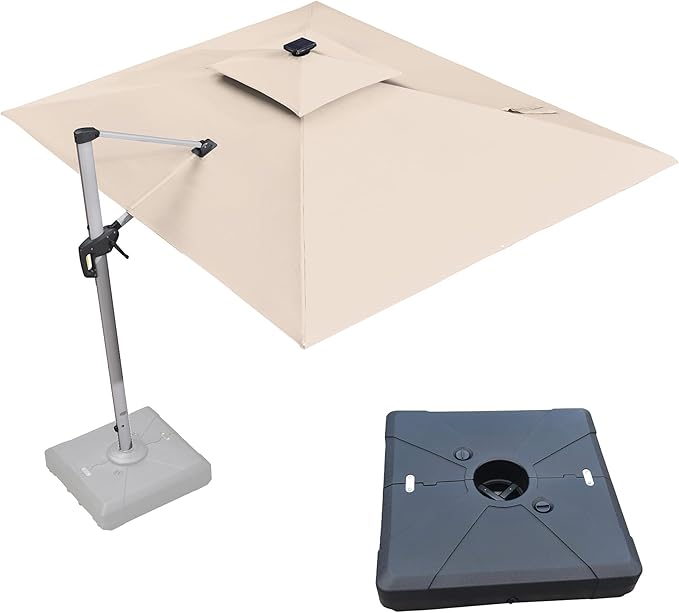 PURPLE LEAF 9' X 12' Solar Powered LED Rectangle Cantilever Umbrella With Base Patio Umbrellas Windproof Hanging Umbrella Outdoor Umbrellas Offset Umbrellas, Beige