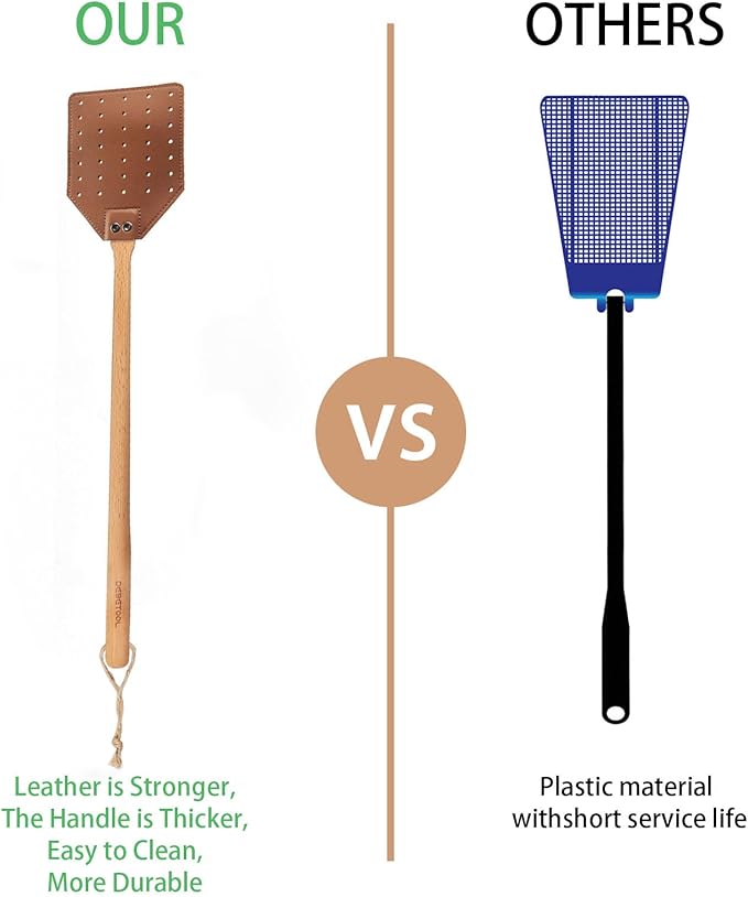 Fly Swatter Set - 2 Pack Wooden Leather Fly Swatter with Hanging Rope, Heavy Duty Fly Swatter for Indoors and Outdoors (2 Brown)