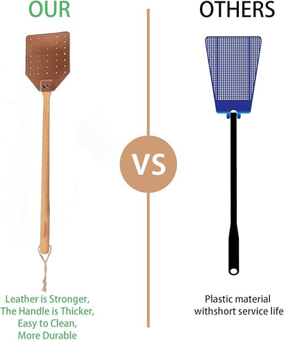 Fly Swatter Set - 2 Pack Wooden Leather Fly Swatter with Hanging Rope, Heavy Duty Fly Swatter for Indoors and Outdoors (2 Brown)