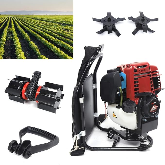 3 in 1 Multi-Function Tiller Cultivator 35.4CC 4 Stroke Backpack Brush Cutter,Gas Powered Hedge Trimmer Air-Cooled Single Cylinder Digging Tool for Garden, Yard and Farm Remove Weeds Soil Cultivation