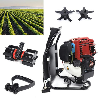 3 in 1 Multi-Function Tiller Cultivator 35.4CC 4 Stroke Backpack Brush Cutter,Gas Powered Hedge Trimmer Air-Cooled Single Cylinder Digging Tool for Garden, Yard and Farm Remove Weeds Soil Cultivation