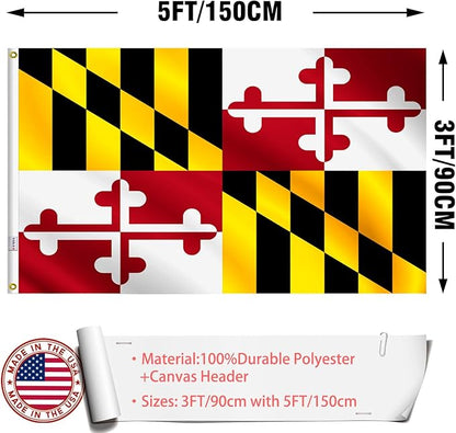 Maryland States Flag 3x5 Outdoor Made in USA - Double Sided Heavy Duty Vivid Color Maryland MD Flags with 2 Brass Grommet