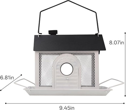 Bird Feeder House for Outdoors – White Metal Hanging Bird Feeder, Decorative Bird House Feeder for Cardinals, Finches, and Wild Birds, Weatherproof Backyard Garden Decor