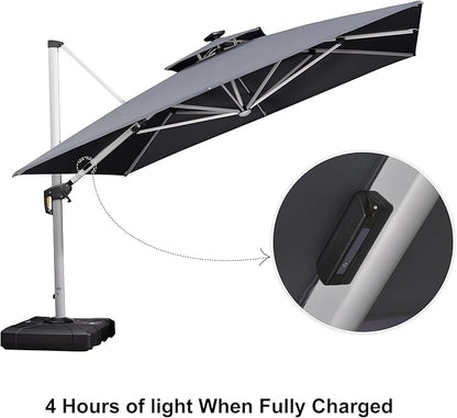 PURPLE LEAF 11 Feet Solar Powered LED Square Cantilever Umbrella With Base Patio Umbrella Windproof Hanging Umbrella Outdoor Umbrella Offset Umbrella, Grey
